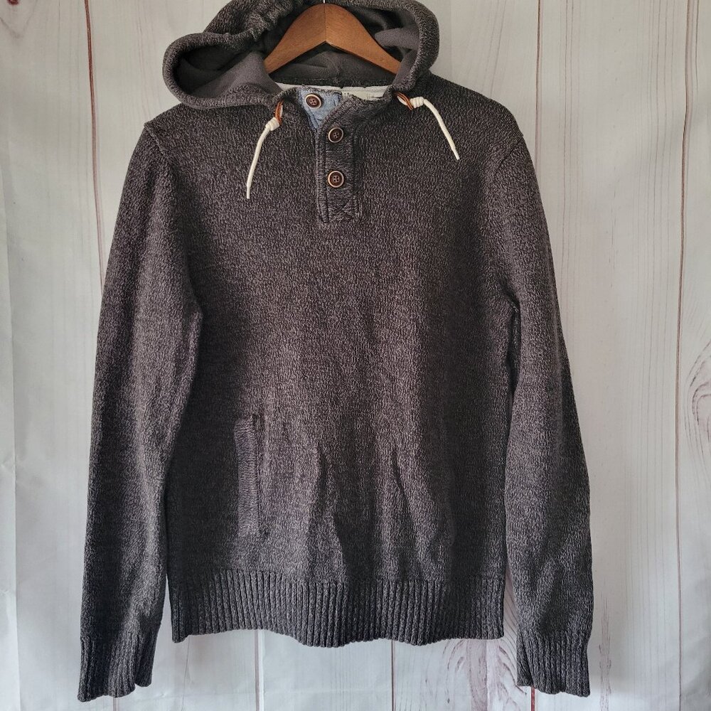 H&M LOGG Men’s L Hooded Knit Sweater, 100% Cotton, Front Pockets, Gray, EUC